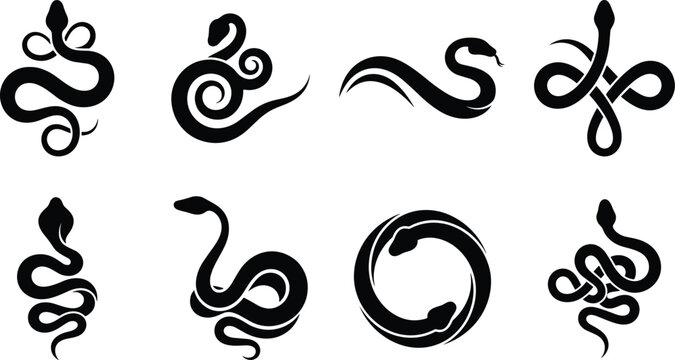 Snake Silhouette Collection with Coiled Curled Slithering and Decorative Serpent Vector Designs