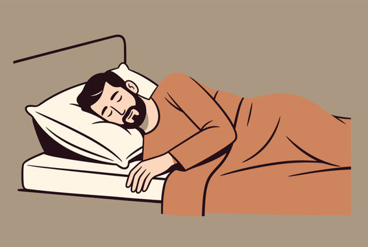 Young man sleeping peacefully in a comfortable bed under a brown blanket, promoting healthy rest and deep sleep.