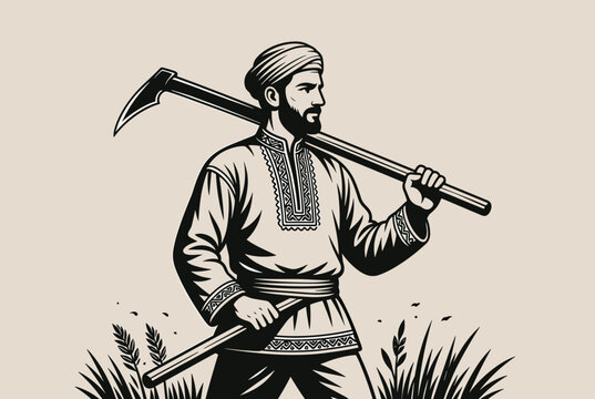 Traditional peasant farmer in ethnic embroidered clothing carrying a scythe on his shoulder standing in a wheat field.