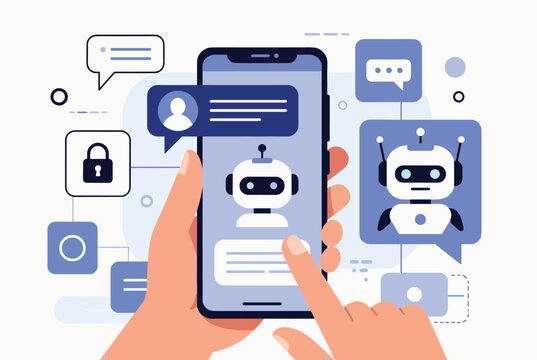 Human hand holding smartphone displaying automated chatbot virtual assistant with robot chat bubbles and icons.