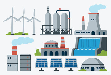 Obraz premium Set of various power generation and industrial factory buildings including modern wind turbines and solar panels.