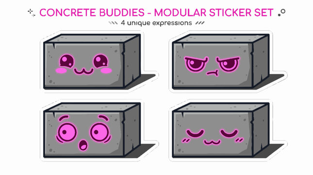 Cute concrete block cartoon character sticker set with four unique facial expressions.