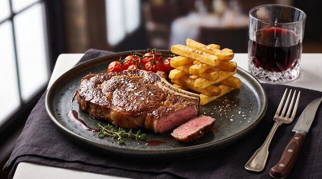 Entrecot de Ternera a la Parrilla con Patatas Fritas en un Plato de Cer&aacute;mica y Espacio para Texto