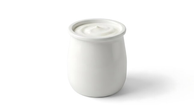 A single white ceramic pot yaourt container filled with creamy plain yogurt sitting on a plain white background for minimalist food photography projects.
