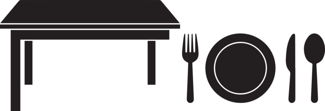 Dining table setting, black silhouette icons, restaurant utensils, plate, fork, knife, spoon