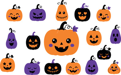Fototapeta premium Cute Halloween Pumpkin Characters in Line Art Style