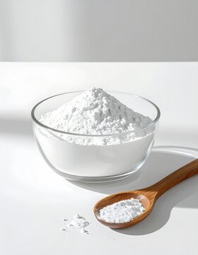 White powder in glass bowl and wooden spoon on white surface