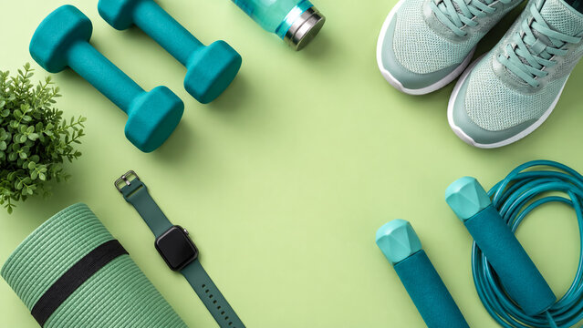 Fitness equipment layout. Workout gear arrangement