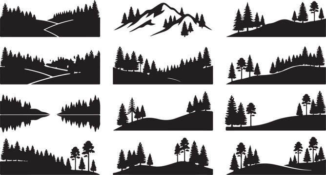 Black Pine Trees On Hill Silhouette Vector Forest Landscape Collection Set
