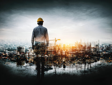 Worker silhouette merging with abstract building blueprint, soft pastel overlays