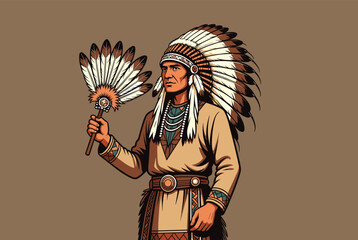 Obraz premium Native American chief in traditional clothing holding a feather fan and wearing a large war bonnet headdress.