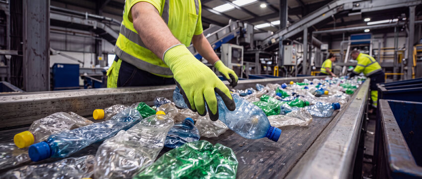 Gloved worker hands sorting plastic bottles on conveyor belt in recycling facility