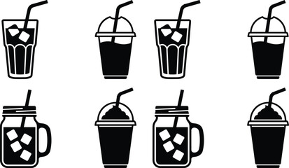 Iced Coffee and Refreshing Cold Beverage Icon Set Featuring Takeaway Plastic Cups, Mason Jars with Ice Cubes, and Straws for Cafe Menu Graphic Designs © Md Shujan islam