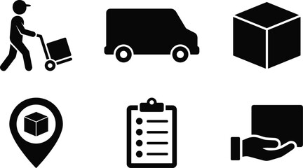 Logistics and Delivery Service Icon Set Featuring Courier with Hand Truck, Cargo Van, Cardboard Box, Location Pin, Clipboard Checklist, and Hand Receiving Package © Md Shujan islam