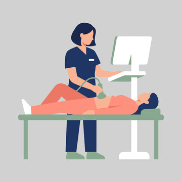 Female doctor or sonographer performing an ultrasound scan on a female patient lying on an examination bed. Concept of prenatal care, medical sonography, abdominal checkup, and modern healthcare diagn