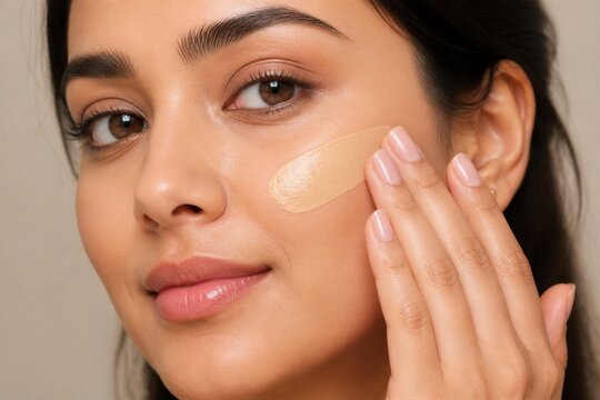 A person uses their fingers to apply foundation to their face. The setting is bright with good lighting. The individual appears focused on their makeup process.
