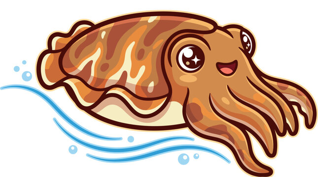 Smiling brown squid cartoon swimming in water