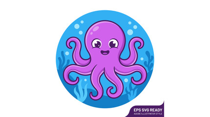 Cute purple octopus in blue circle underwater © MUKTARANI