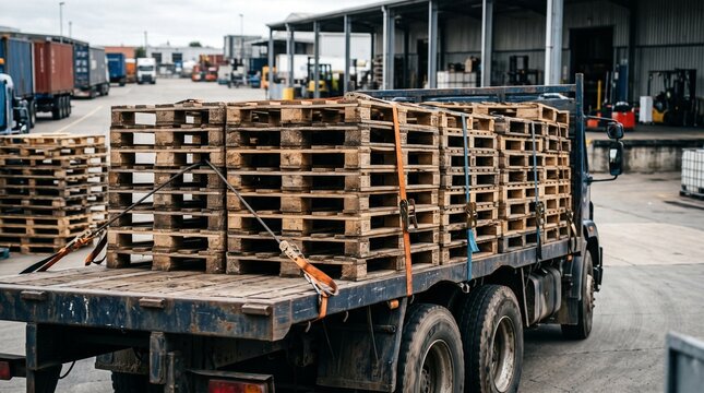 Flatbed truck loaded with stacked wooden pallets secured with straps in a logistics yard