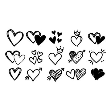 A sweet collection of hand-drawn sketchy hearts, double hearts, arrows through hearts, crown doodles, and patterned hearts.