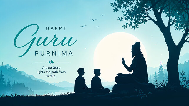 Guru Purnima celebration. Teacher and students silhouettes.