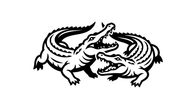 Two crocodiles facing each other aggressively.