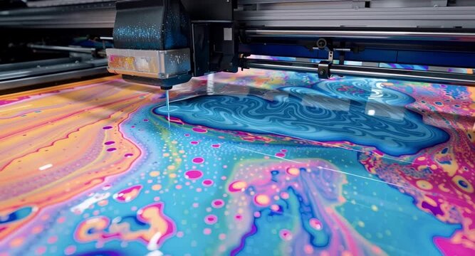 Automated industrial machine applying layers of vibrant epoxy resin on a tabletop to create a colorful, psychedelic abstract artwork, showcasing a modern art making process