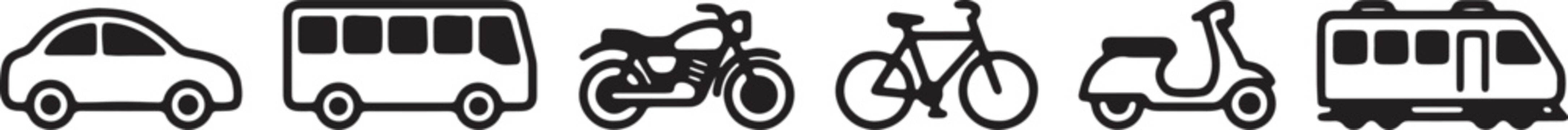Black car, bus, motorcycle, bicycle, scooter, van in a row