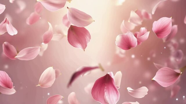 Soft pink flower petals floating in the air with dreamy floral background and gentle romantic atmosphere