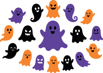 Obraz premium Halloween ghost and pumpkin face icons in flat vector design. Spooky cartoon characters for seasonal party decor and digital media.