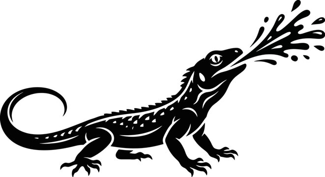 A black lizard spitting water droplets.