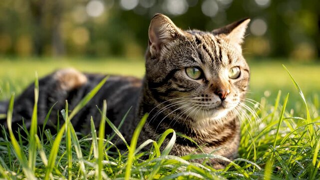 Tabby cat resting in tall green grass.
