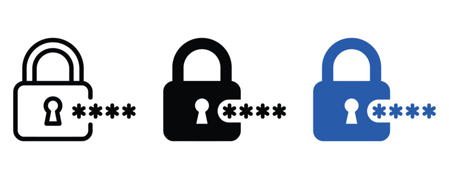 Padlock icon set with password asterisk symbols for security and data protection password security protection encryption authentication internet technology verification software restricted