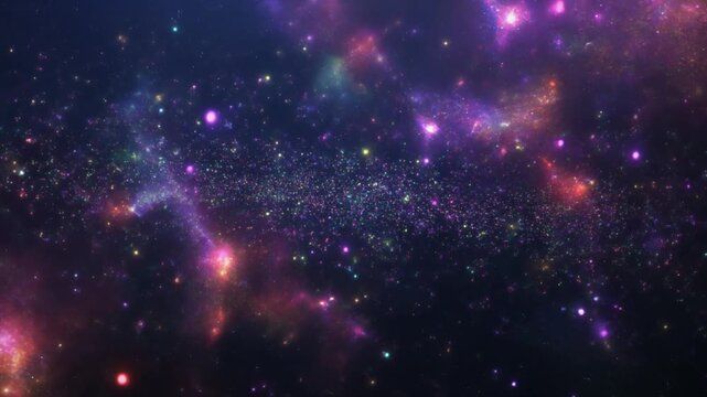 Cosmic dust nebula glowing in vibrant interstellar colors. Deep space starfield with luminous purple and pink gas clouds.
