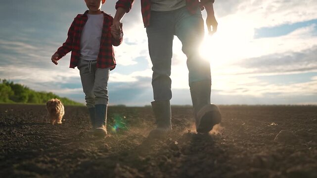 Father and boy walk through soil field. Father walking in rubber boots with child. Ground dust rises under boots as child and father move together. Outdoor scene with walking boy and father.