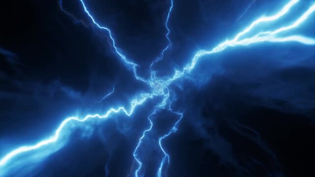 Electric storm with bright lightning bolts striking in dark sky. High-voltage energy discharge creating dramatic blue plasma arcs in night atmosphere.