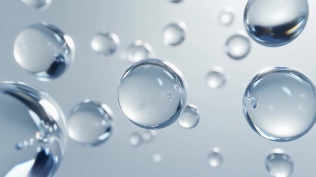 Transparent glass spheres floating in air. Clear crystal orbs levitating with reflective light effects for modern design.