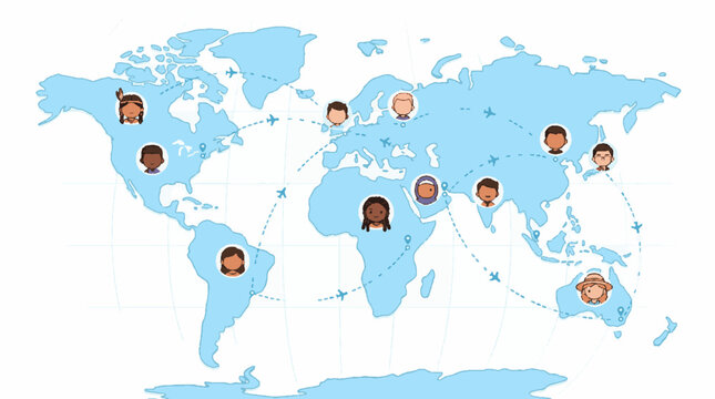 Vector illustration of a world map with diverse people avatars connected by communication lines representing global networking.