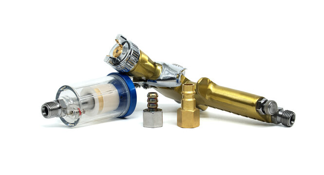 Closeup of Pneumatic Spray Gun With Filter and Brass Fittings for Paint and Repair Work