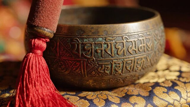 Tibetan singing bowl with red mallet on brocade cushion