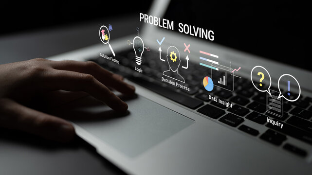Creative problem solving process with insights and decision making tools represented on a laptop screen for business and education use Haptic.