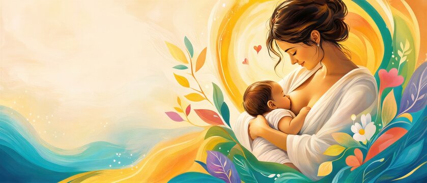 Woman breastfeeding infant surrounded by abstract floral shapes. Mother nursing baby during World Breastfeeding Week. Banner with copy space