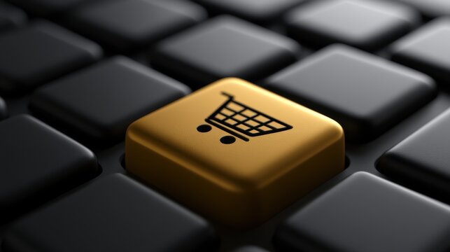 A gold shopping cart icon on a black keyboard button. This represents online shopping and digital commerce concepts.