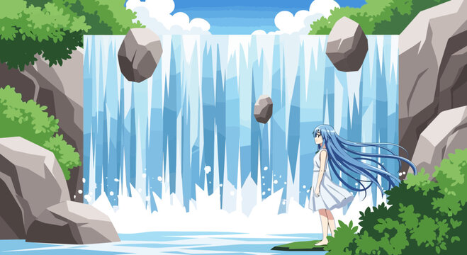 Mystical Woman Standing by Serene Waterfall in Nature