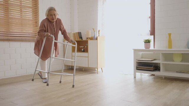 Health insurance with caregiver at home Senior woman walker living room recovery exercise mobility aid home care bright interior calm lifestyle elderly support indoors bright window white brick wall