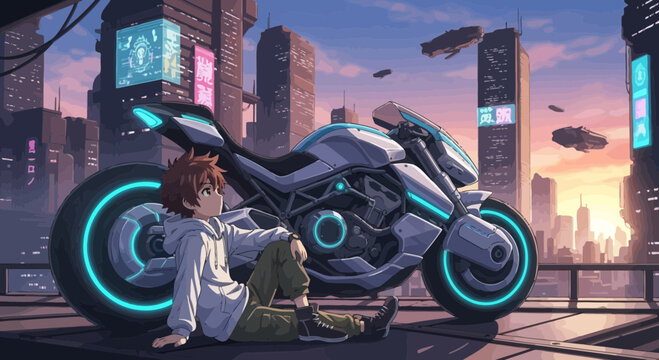 Cyberpunk Rider with Futuristic Motorcycle in Neon Cityscape
