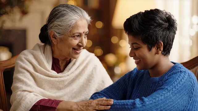 Senior Indian woman giving advice to a younger person at home. Grandmother and grandchild having a warm conversation at a table. Family bonding and communication