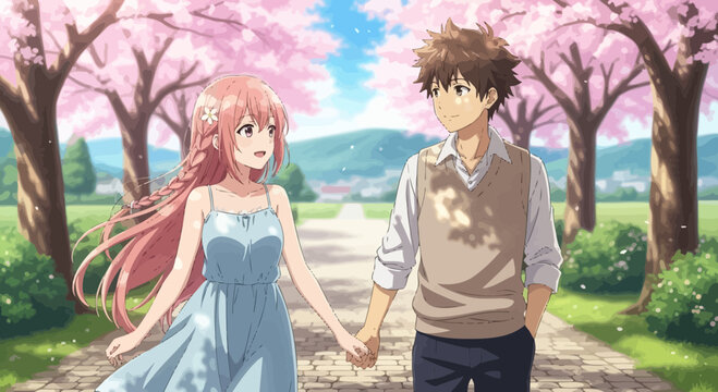 Couple Holding Hands Under Cherry Blossom Trees
