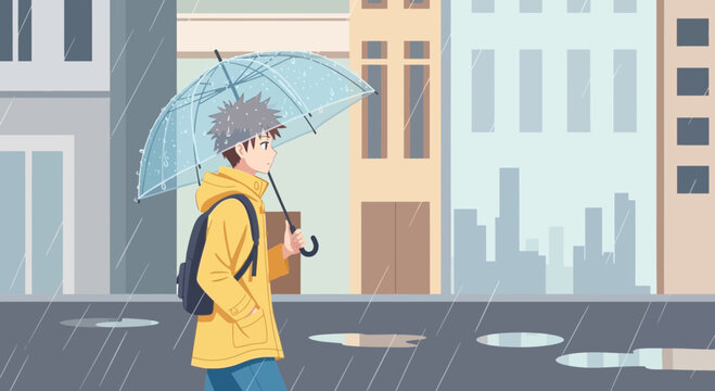 Person Walking in Rain with Umbrella on City Street