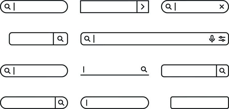 Assorted sketch style search bars and inputs with interface magnifier navigation internet template elements